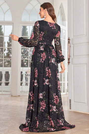 A Line Robe de bal longue noire à manches longues à imprimé floral